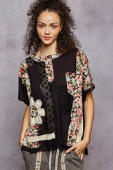 POL Lace Round Neck Short Sleeve Floral Pattern Top with Patch Detail Black OutfitFlow